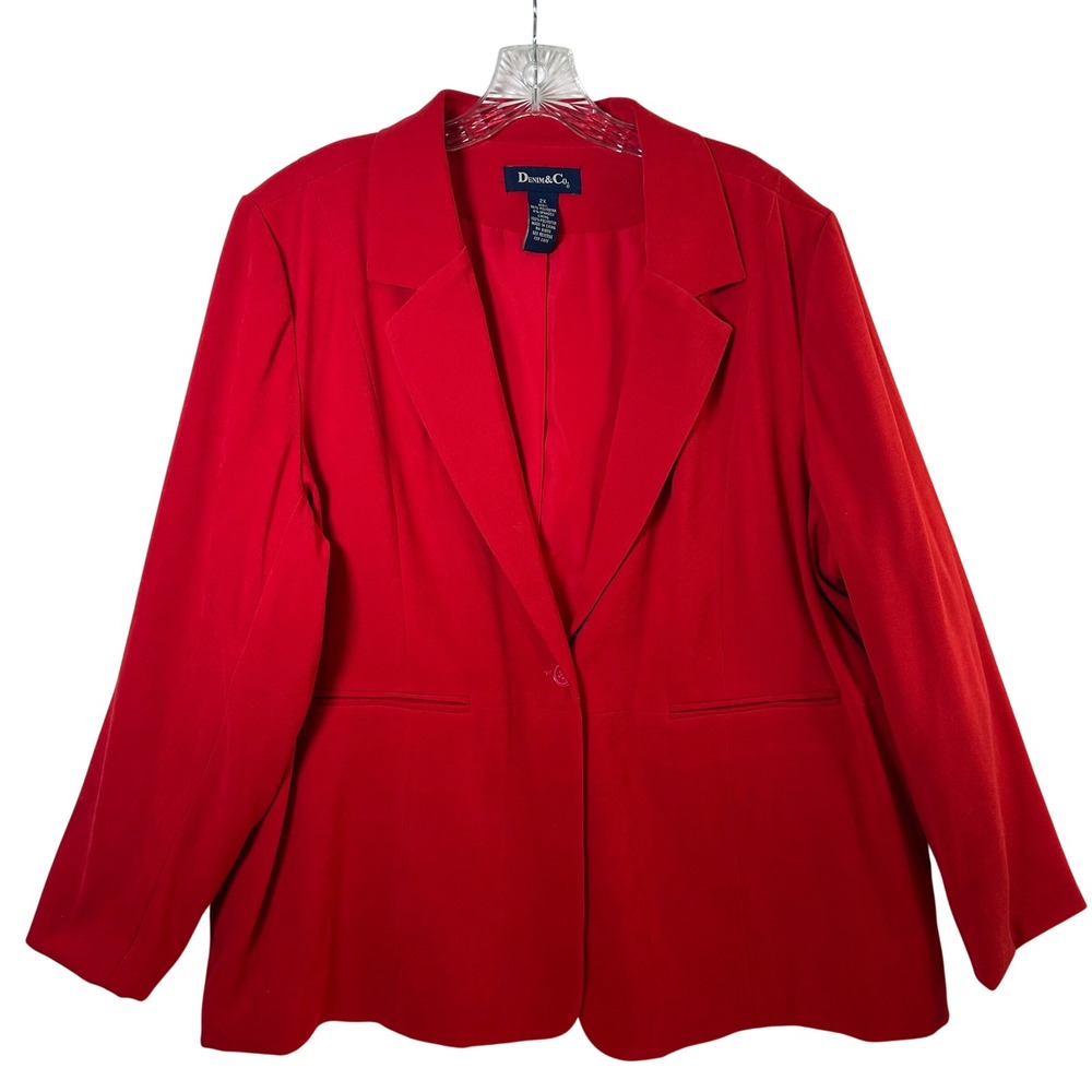 Denim & Co Womens Red Single Button Stretch Blazer Jacket Plus 2X